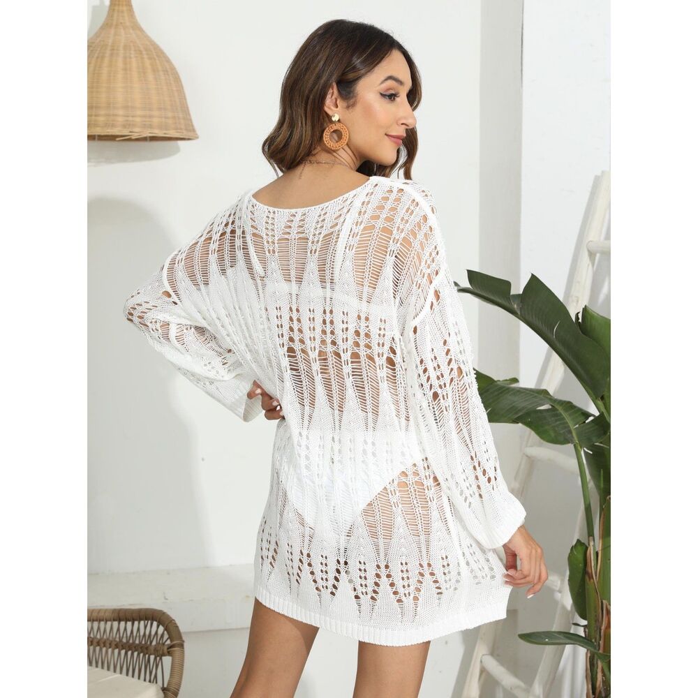 White Knit Off Shoulder Swim Cover Up – Oversized Beach Dress Bathing Suit Layer - Picture 3 of 4